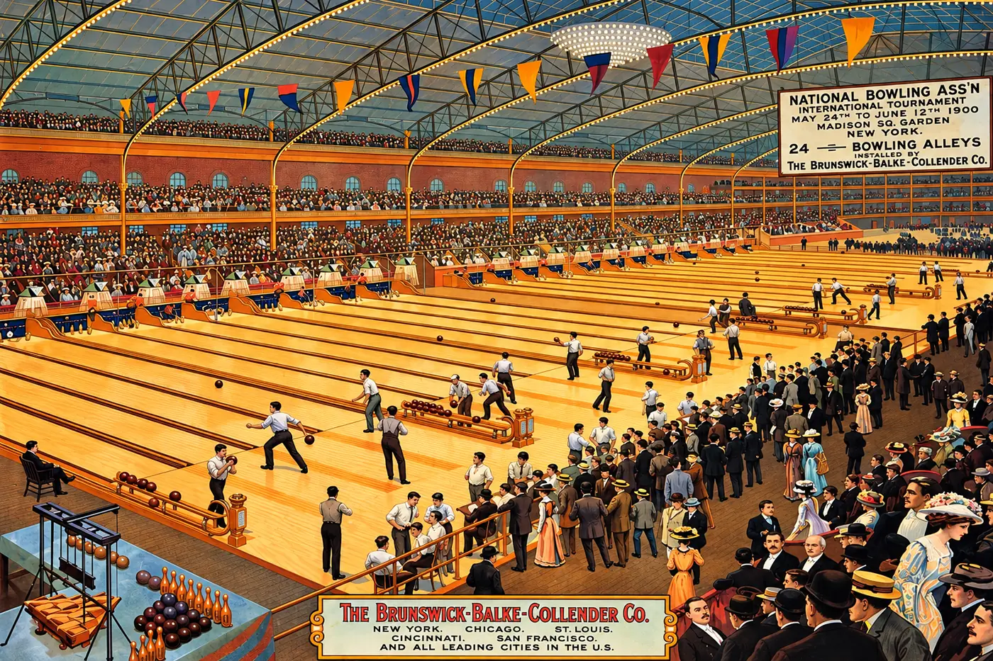Ilustración de época del Torneo Nacional de Bowling de 1900 en el Madison Square Garden de Nueva York, con 24 pistas instaladas por The Brunswick-Balke-Collender Co.
